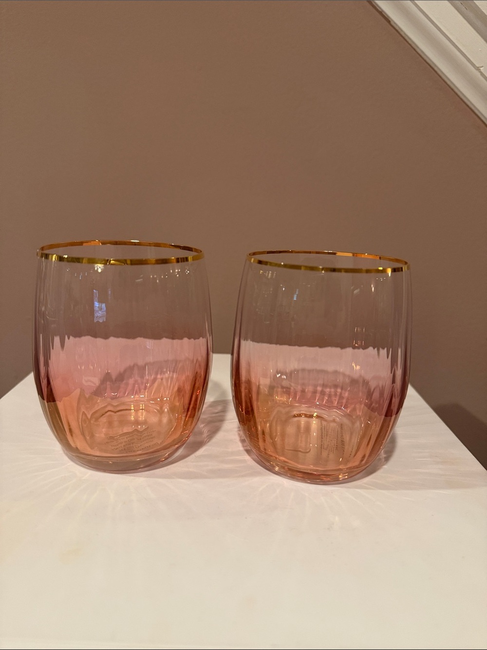 Anthropologie Waterfall 24k Gold Accent Stemless Wine Glass, Set of 2